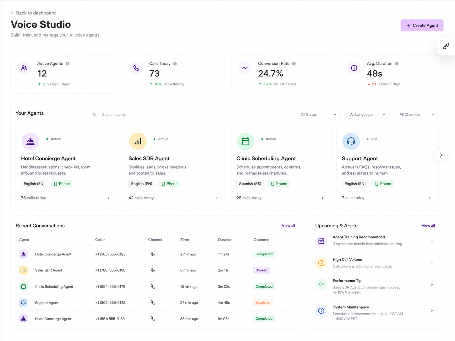 Dashboard do Voice Studio com agentes ativos e conversas recentes